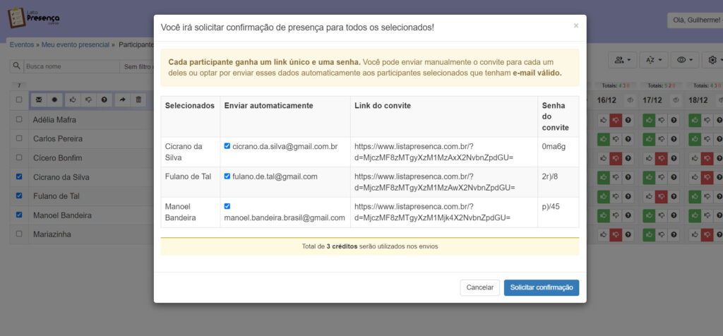 Convites individuais para a lista de presença