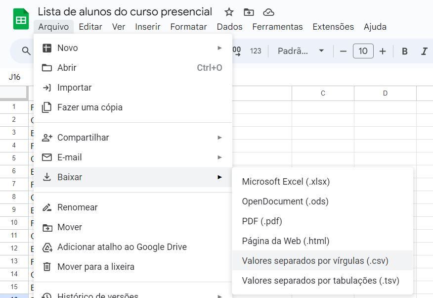 Exportando planilha Google preparada para emitir certificados