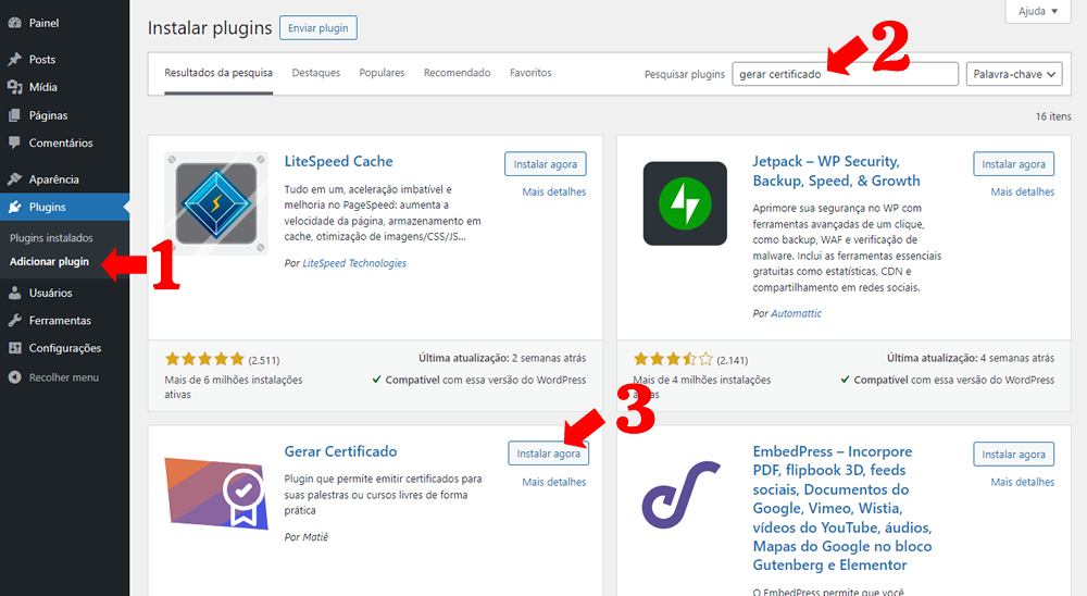 Instalação plugin gerar certificado - passos 1 a 3