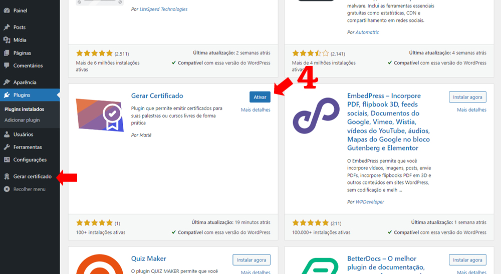 Instalação plugin gerar certificado - passos 4 e 5