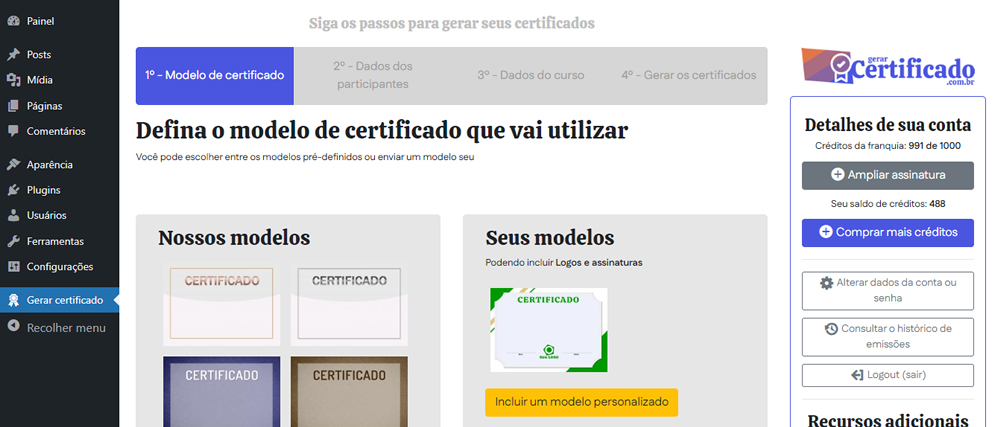 Emitir certificados no WordPress - passo 1