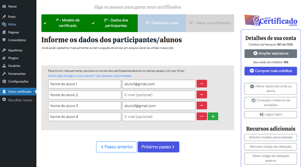 Emitir certificados no WordPress - passo 2