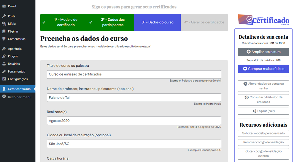 Emitir certificados no WordPress - passo 3