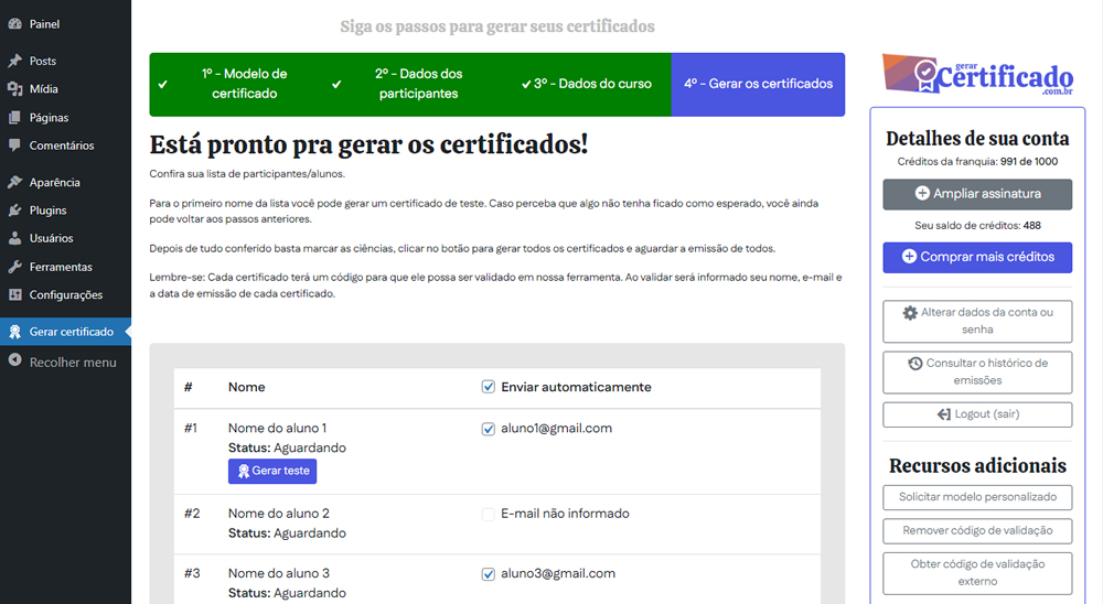 Emitir certificados no WordPress - passo 4